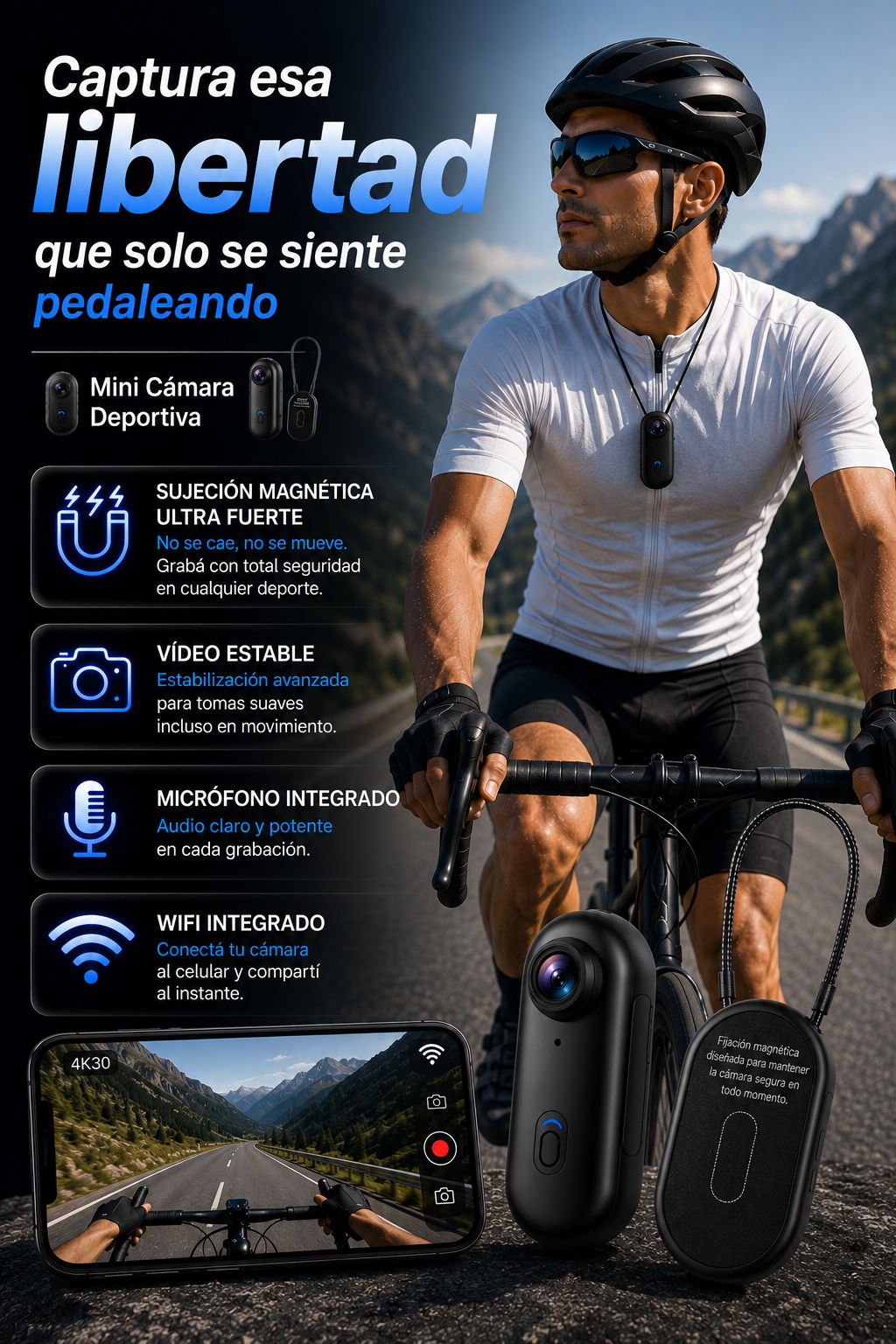 Mini Cámara Deportiva Magnética 4K